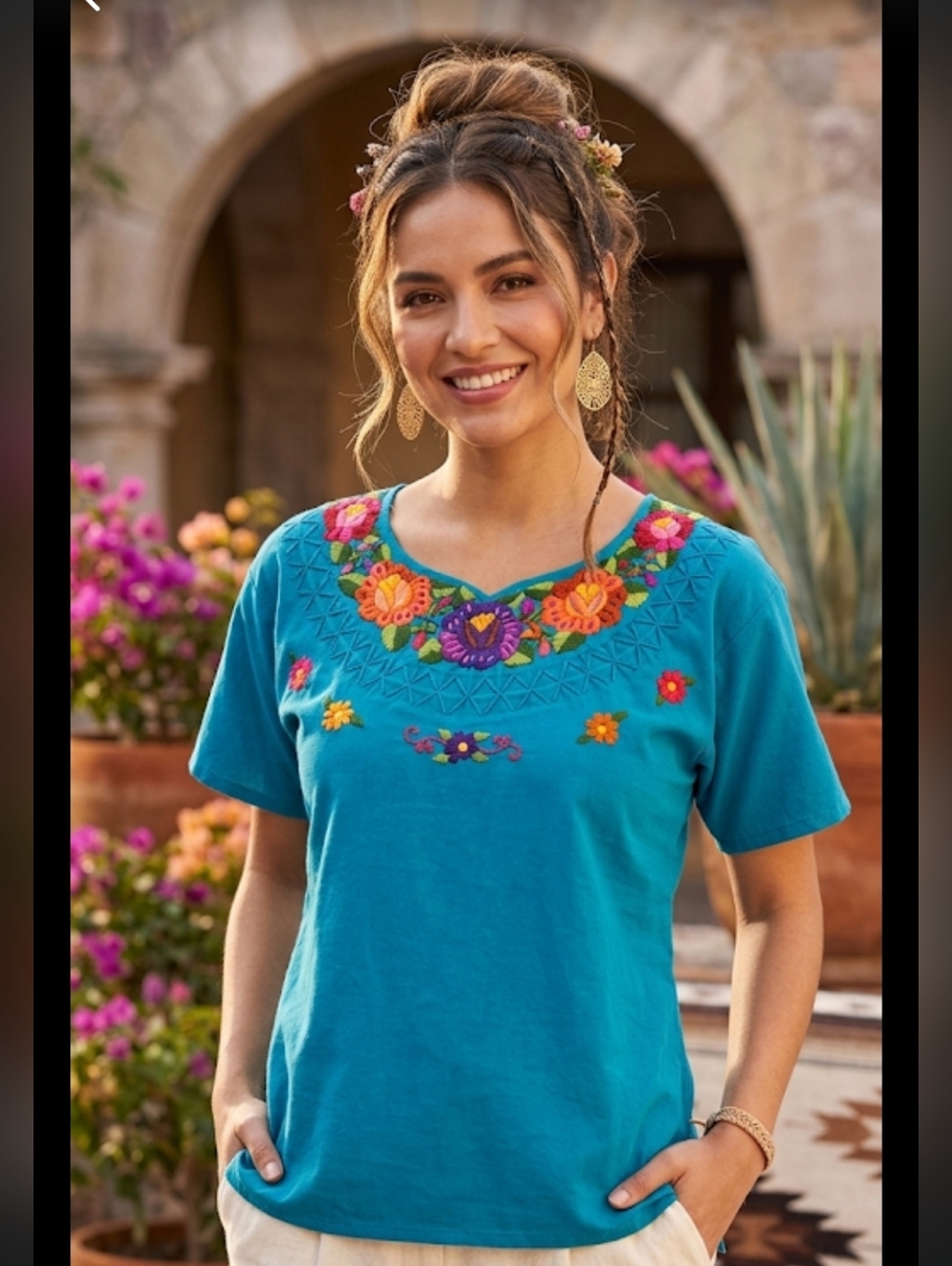 teal blue Mexican embroidered peasant blouse with vibrant floral details Size 14